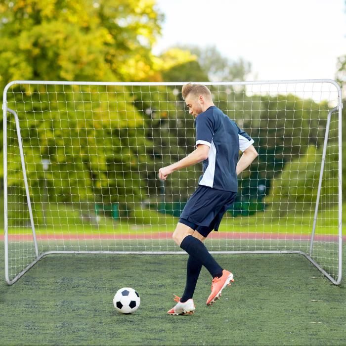Bonnlo But De Football 240x150x90 Cm - Cage Foot Portable Acier Galvanisé Blanc + Filet PE + Piquets - Jardin, Plage, École