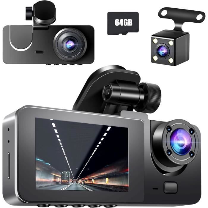 BOHJTE 4K Dashcam Voiture Avant Arrière, 170° Grand Angle 3 Canaux avec Carte SD 64 GB, Caméras Avant et Arrière avec Vision Noc3