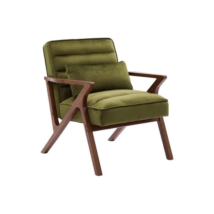 Fauteuil scandinave bois dhévéa et velours kaki