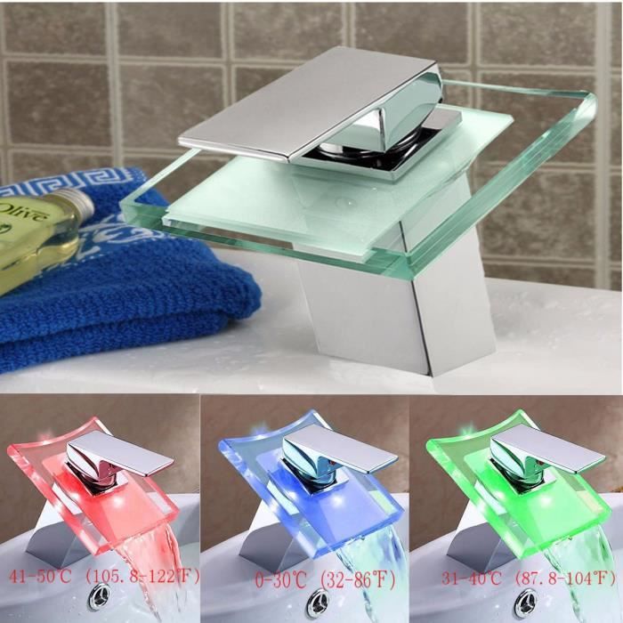 LED Robinet de lavabo Mitigeur de Baignoire Cascade Salle de Bain Chromé Couleur