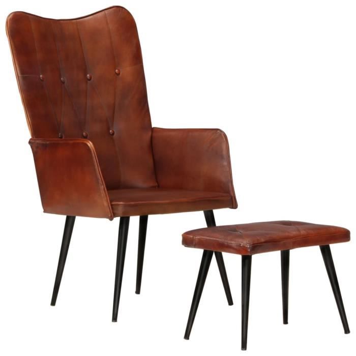 339664 vidaXL Chaise à oreilles avec repose pied Marron Cuir véritable