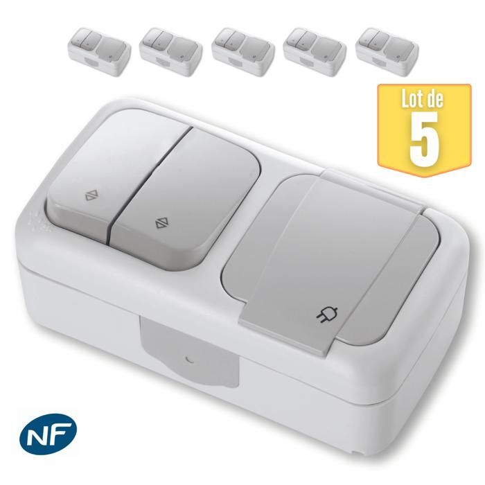 Zenitech Interruttore Va E Vieni + Presa 2P+T IP54 Impermeabile - Grigio Chiaro, Per Esterni, Certificato CE E NF