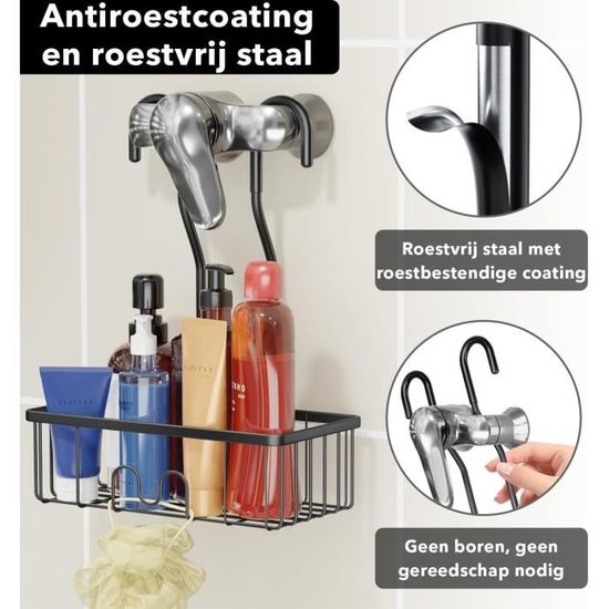 Étagère Douche Suspendue Pickpiff - 2 Niveaux + 4 Crochets - Acier Inoxydable Noir - Sans Percage