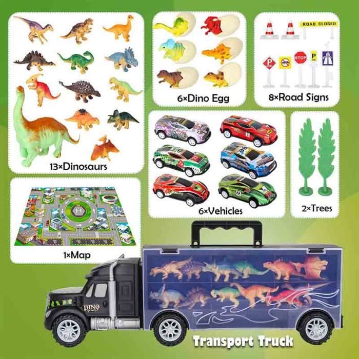 Felicify Camion Transporteur Dinosaure Avec 12 Petites Voitures - Jouet Portable Pour Garçons - Bleu