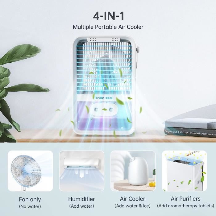 Mini Climatiseur Portable 4-en-1 USB - Ventilateur, Humidificateur, Veilleuse - Réservoir 700ml - 3 Vitesses - 9