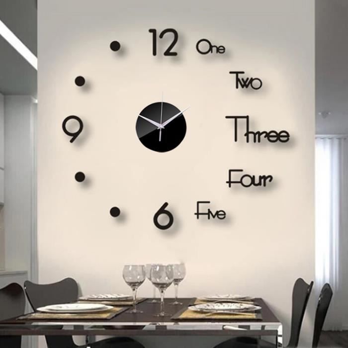 Retoo Grande horloge murale 3D DIY 70-130 cm sans cadre à coller, horloge murale moderne avec mécanisme silencieux, taille variable, pour décoration salon, chambre à coucher, bureau, noir