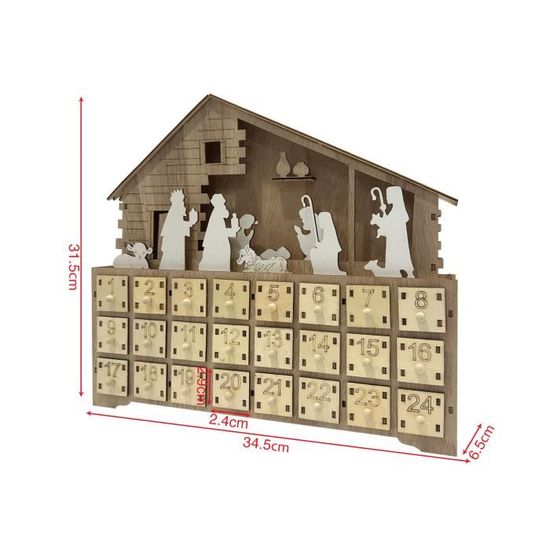 Calendrier De L'Avent Crèche En Bois à Tiroirs - 24 Jours Compte à Rebours LED | Décoration Noël Maison Bureau Chrétien