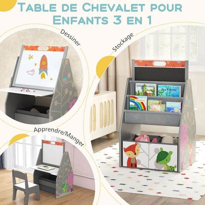 4 En 1 Chevalet Enfant En Bois Avec Chaise Et Tableau Magnétique Et 2 Bacs En Tissu Gris