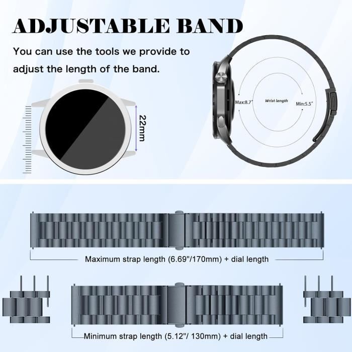 Bracelet En Acier Inoxydable Pour Montre Connectée - 20mm - Compatible Garmin, Galaxy, Amazfit, Huawei - Ajustable Sans Outil