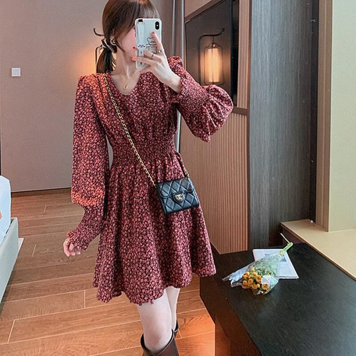 Robe d ete a fleurs pour femmes Marque C Manches bouffantes Col en V Taille haute Extensible Blanc Cdiscount Pret a Porter