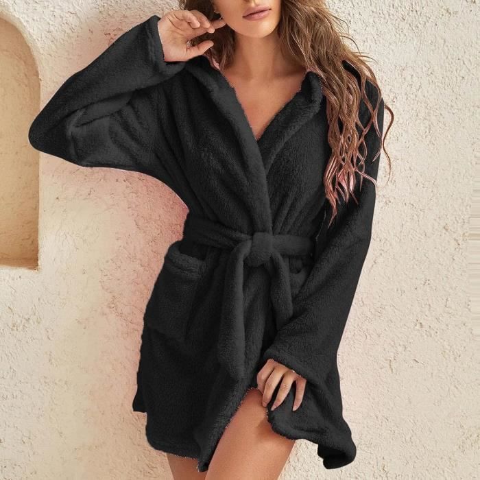 Peignoir pour femme en coton chaud Marque Modele Capuche Tissu eponge Noir