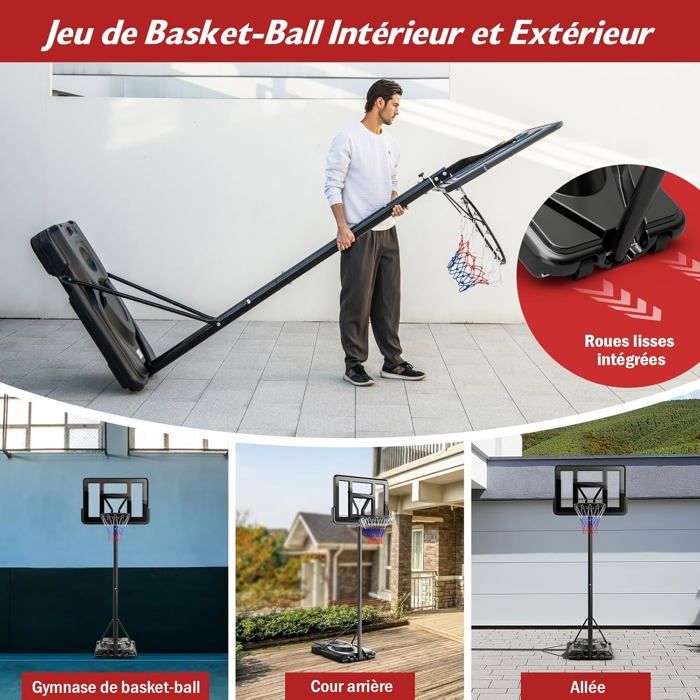 GOPLUS Panier de Basket Portable, Hauteur Réglable de 1,3-3,05m avec Filet, 2 Roues et Panneau Incassable 110cm, Panier de Basket Intérieur et Extérieur pour Adolescents, Adultes