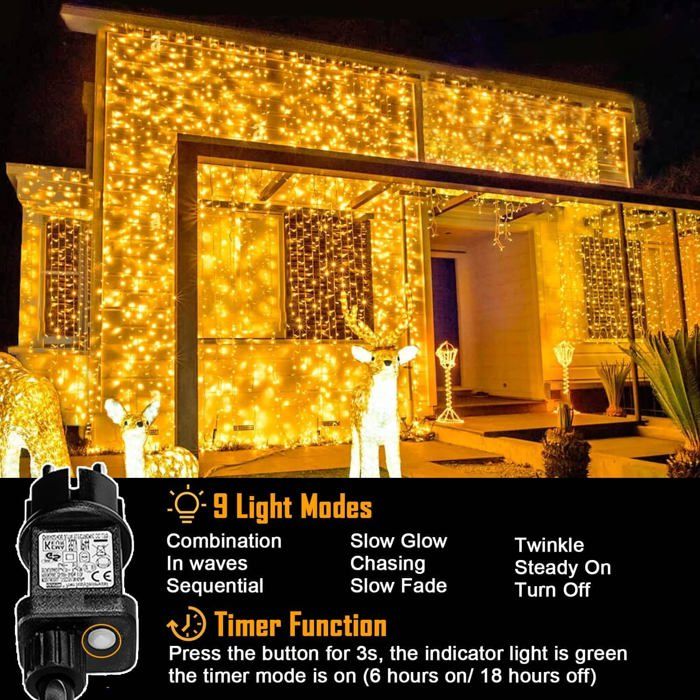 Rideau Lumineux LED 3x3 Mètres - 300 LEDs, 8 Modes, Télécommande, étanche IP65, Timer, Alimentation USB, Pour Noël, Mariage