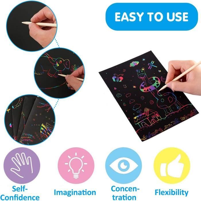 Funtopia Carte a Gratter Enfant, 100 Feuilles Papier à Gratter Arc-En