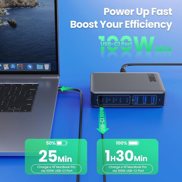 Chargeur Rapide 100W Fast-026 Nano II - 4 Ports (2 USB-C + 2 USB-A), GaN, Pour Téléphone, Laptop, Tablette - 4
