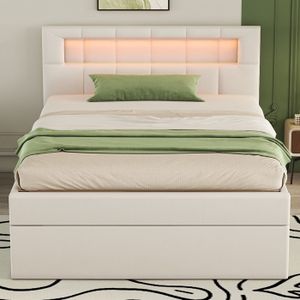 SOMMIER 90*200 cm,lit plat,lit rembourré,lumière ambiante au dessus du lit,ouvrant d'un côté,design minimaliste,beige
