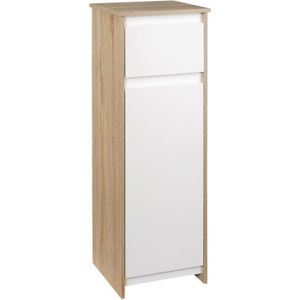 COLONNE - ARMOIRE SDB Meuble colonne bas salle de bain KLEANKIN - Aspect bois de chêne clair et blanc - Avec placard porte et tiroir