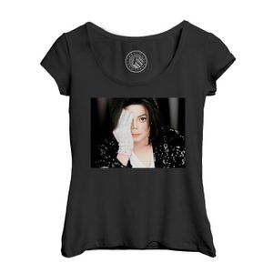 T-SHIRT T-shirt Femme Col Echancré Noir Michael Jackson Portrait Recent Chanteur Pop Star Celebrite