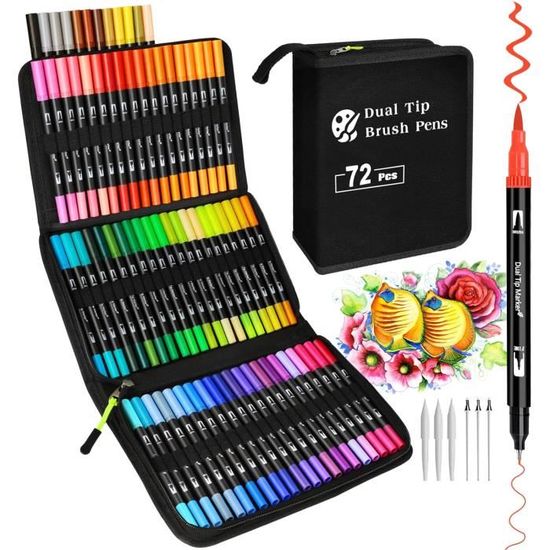 Feutre Coloriage Adulte, 100 Couleurs Stylos Feutre Aquarelle À Double Pointe Fine Et Pinceau