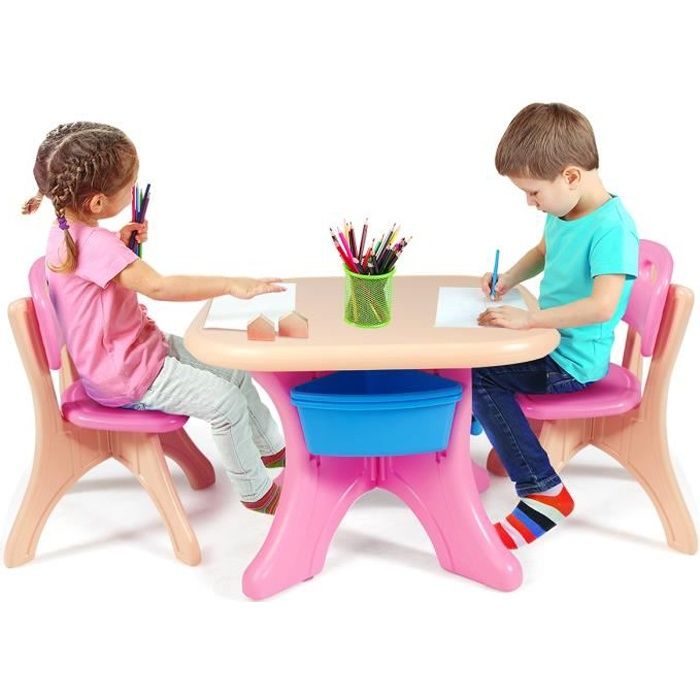 GIANTEX Ensemble table et chaises pour enfants, table avec 4 paniers de rangement, charge de la table/chaise 50 kg, polyvalent
