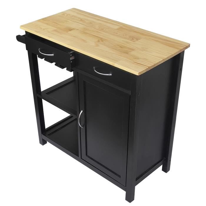 Desserte cuisine plateau pin massif 2 tiroirs 2 étagères 79*82*40cm - Noir laqué