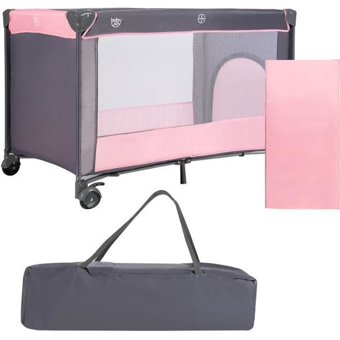 COSTWAY Lit de Voyage Bébé 0-3 Ans 2-en-1 Parc Pliant avec Matelas Tissu en Maille Roues avec Frein Porte à Fermeture Eclair Rose