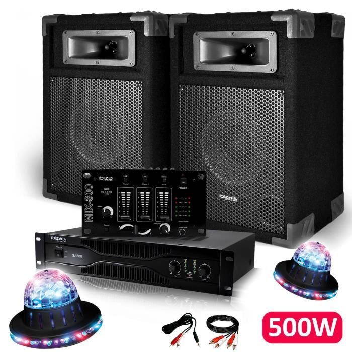 Pack Sono Dj PA 500W 2 Enceintes + Amplificateur 500W + Table de mixage + Câblages + 2 Effets ROUNDIAMS LED