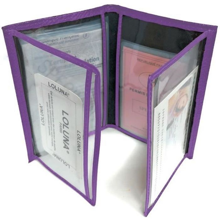 Porte carte papier voiture + étui Carte RFID, carte grise, permis, identité et assurance, 4 volets cuir LOLUNA® (Violet)