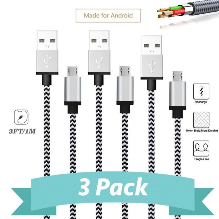 MNM DISTRIB© LOT 3 CABLES CHARGE MICRO USB SAMSUNG LG HTC SONY WIKO HUAWEI - ARGENT