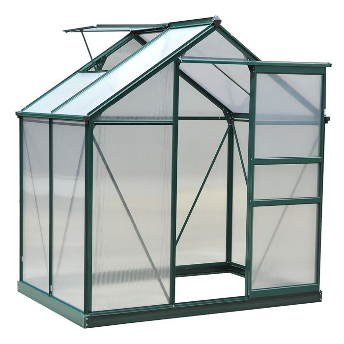 Serre de jardin aluminium polycarbonate 2,51 m² dim. 1,9L x 1,32l x 2,01H m lucarne, porte coulissante + fondation incluse alu.