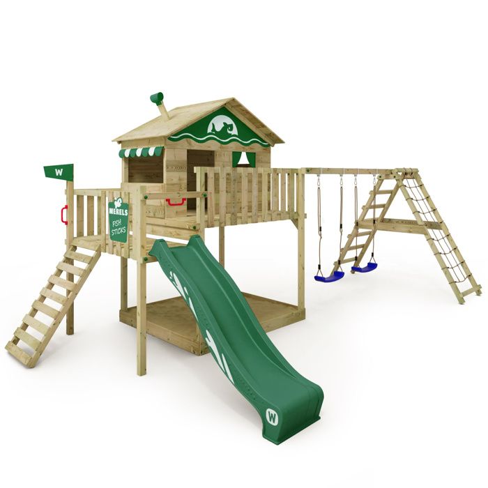 WICKEY Aire de jeux Portique bois Smart Ocean avec balançoire et toboggan vert Maison enfant sur pilotis avec bac à sable