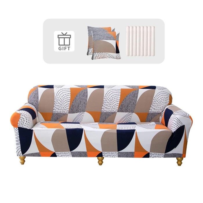 Housse de Canapé Extensible 3 Place190-230cm+1 Housse de Coussin 45x45cmCouverture Canapé avec AccoudoirsImpression Housse