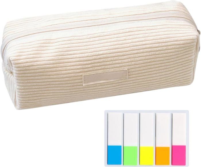 1 Trousse De Rangement En Velours + 100 Autocollants D'index - Pour Papeterie, Cosmétiques, Organisation - Taille 6x19x7 Cm - Blanc Laiteux
