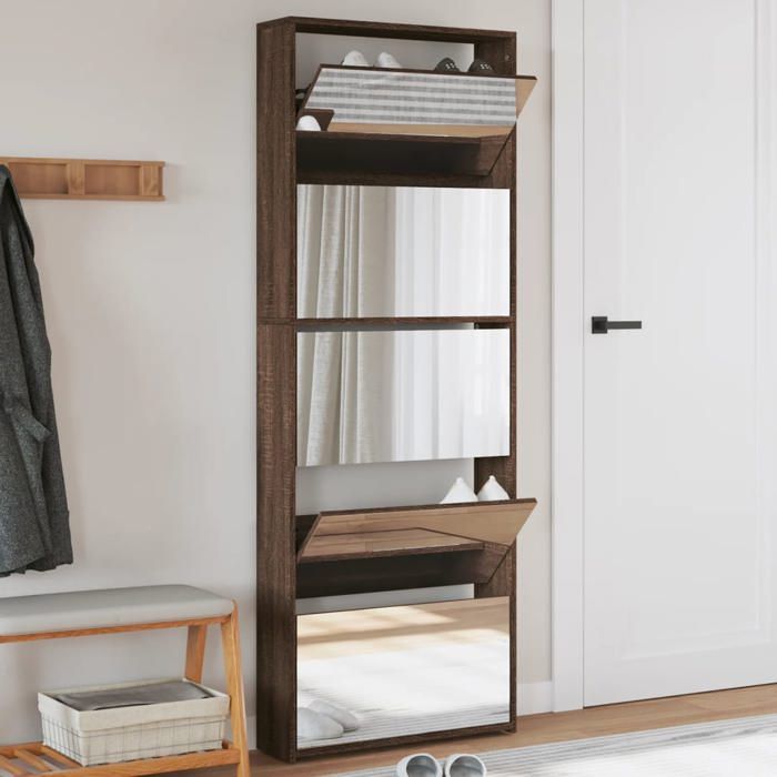 vidaXL Armoire à Chaussures Miroir 4 Niveaux Étagère à Chaussures avec Rangement Meuble à Chaussures Salon Moderne Chêne 3228285