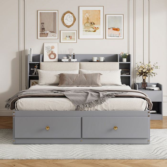 Lit double 140x200cm bois massif gris - Tête de lit rangement tiroirs table chevet placard & banquette - Lit tatami(sans
