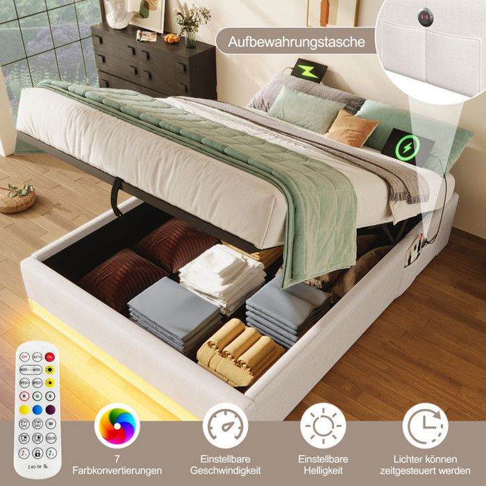 Lit simple rembourré 90 x 200 cm avec bande LED télécommandée Lit coffre avec Type-C et USB Lit 1 Personne Lit adulte Beige