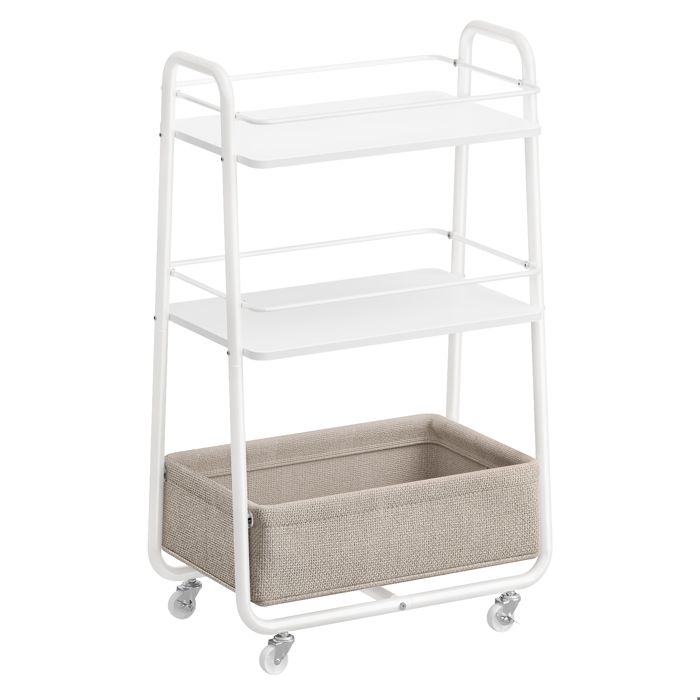 Desserte de cuisine avec Panier en Tissu Chariot à roulettes à 3 Niveaux avec Étagères Blanc Nuage et Marron Camel