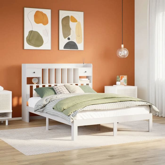 Lit bibliothèque sans matelas - vidaXL - 140x190 cm - Bois de pin massif - Blanc - Sommier à lattes Lit bibliothèque sans matelas - vidaXL - 140x190 cm - Bois de pin massif - Blanc - Sommier à lattes