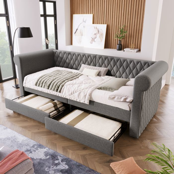 Lit avec tete de lit 90x200 cm - FloraGrace avec 2 tiroirs de rangement dossier et accoudoirs courbes sans Matelas - Gris