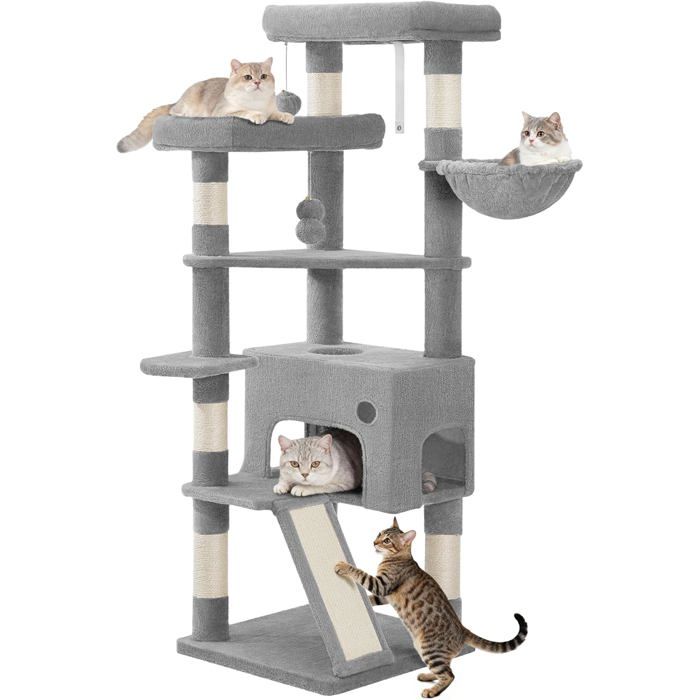 Comparer les prix de Arbre à Chat de 153 cm Spacieux et Stable avec 6 Griffoir 1 Grande Niche pour Chat 3 Grandes Plateformes Panier Gris Clair
