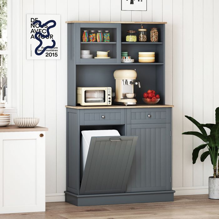 Buffet de Cuisine COSTWAY à Double Poubelle Inclinable 38L Comptoir en Bois dHévéa Étagères Réglables Armoire de Rangement Gris