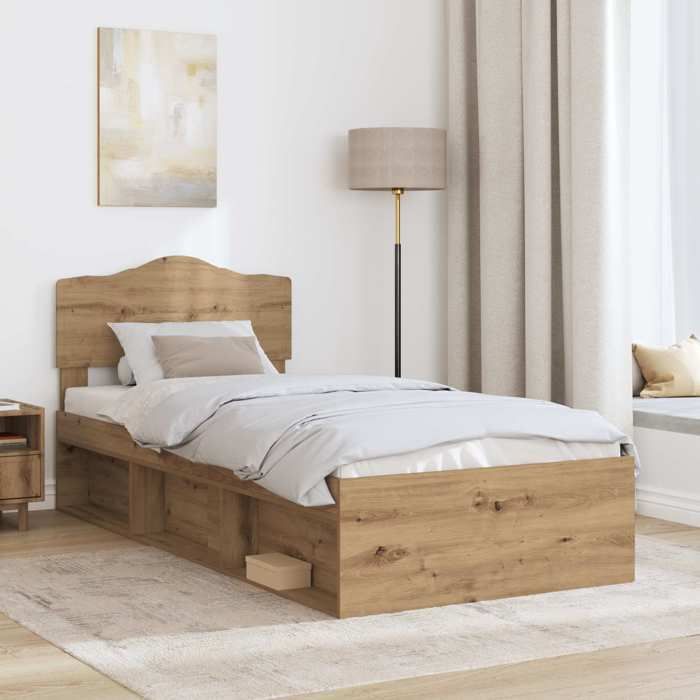 SOLDES DHIVER®Meuble lit - Marron Cadre de lit - 1 place - Contemporain - Chêne artisan - 90 x 190 cm - bois de pin massif - 48807