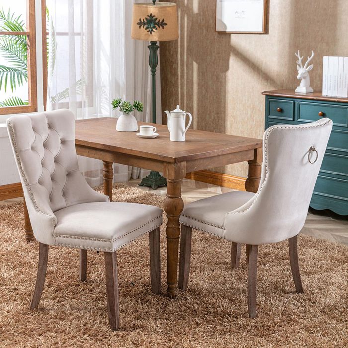 Lot de 2 Chaises de Salle à Manger Chaise de Cuisine Dossier à Ailes Pieds en bois massif Rembourrée Beige velours