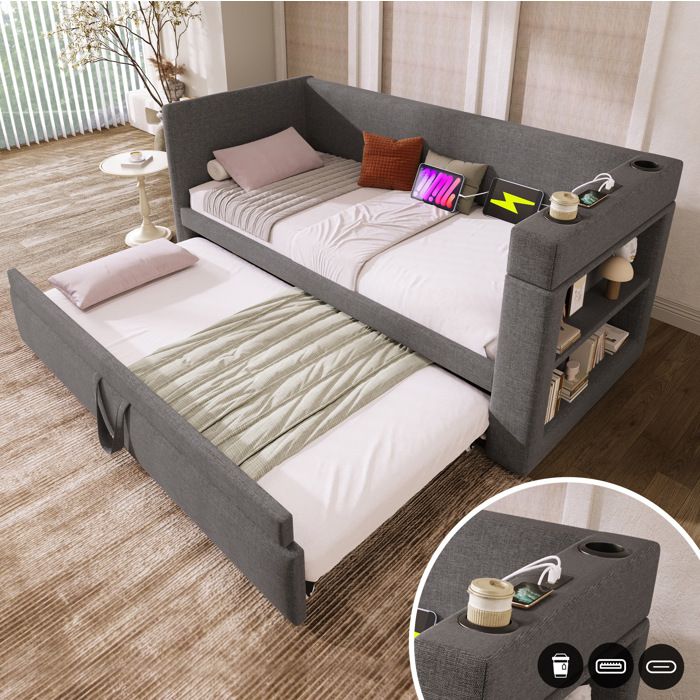 Lit banquette gigogne 90×180/190 cm. USB + Type-C. rangement ouvert. sommier à lattes. sans matelas. lin. gris