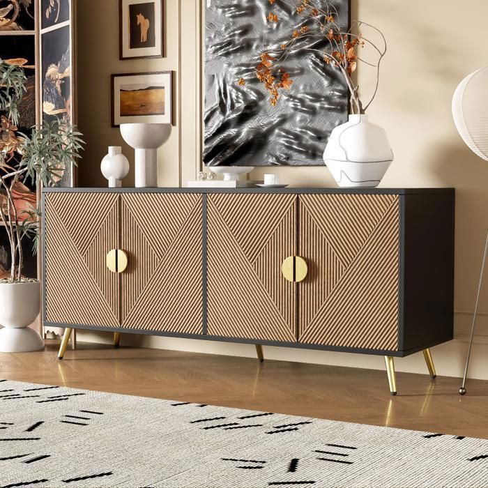 Buffet de Salon 160 x 40 x 75 cm Bois et Noir avec 4 Portes Poignées Dorées Brossées et Pieds Métal Bahut Moderne Chic Buffet de Salon 160 x 40 x 75 cm Bois et Noir avec 4 Portes Poignées Dorées Brossées et Pieds Métal Bahut Moderne Chic