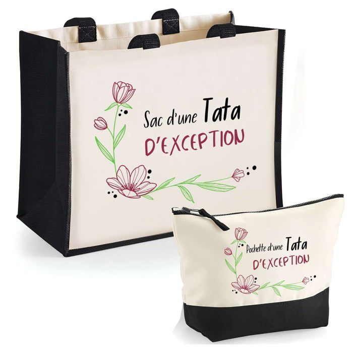 Duo cabas jute et trousse Tata dexception Cadeau Tante Famille Anniversaire Noël  Sac de courses Pochette Maquillage Shopping
