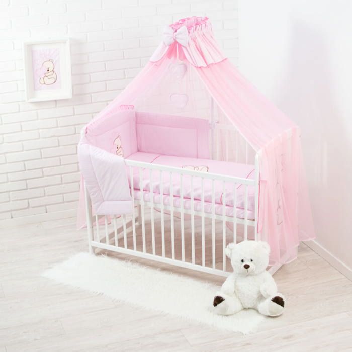 Lit bébé 60x120 cm blanc avec matelas + parure de lit rose brodée ours cœur – ensemble complet naissance avec accessoires