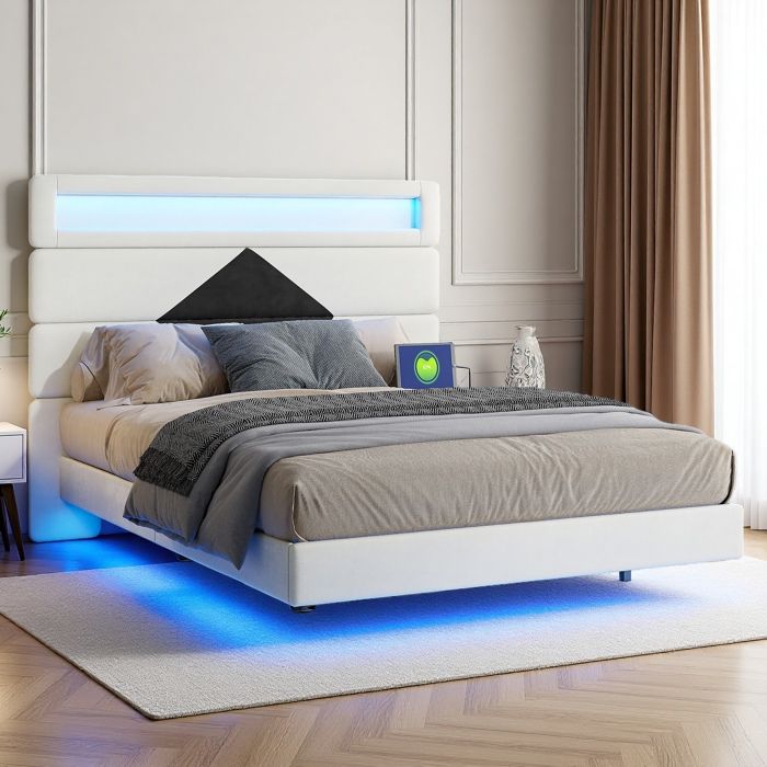 Lit 140x190 cm - structure de lit - RWUDV - LED - USB -cadre de lit 140x190-lit double lit adulte lit flottant-sommier-velours beige