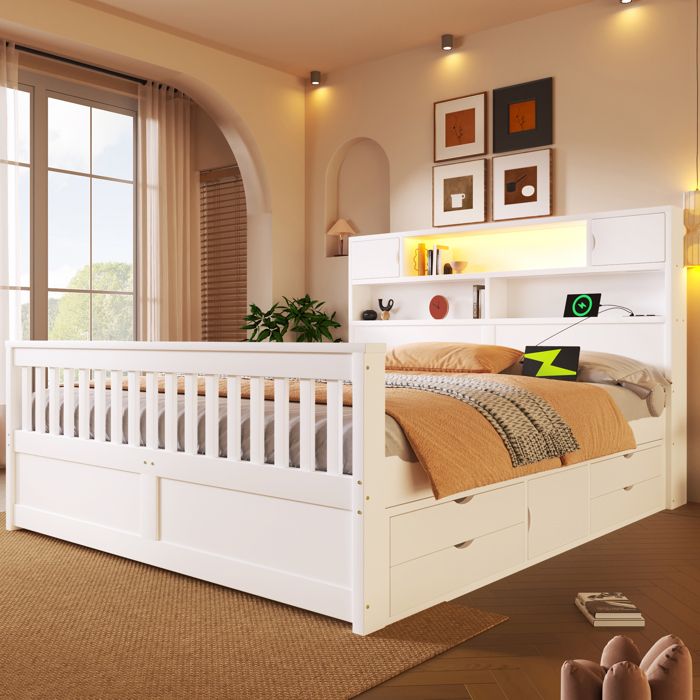 Lit combine blanc (160 x 200 cm) avec étagères et compartiments de rangement éclairage LED prise USB et quatre tiroirs