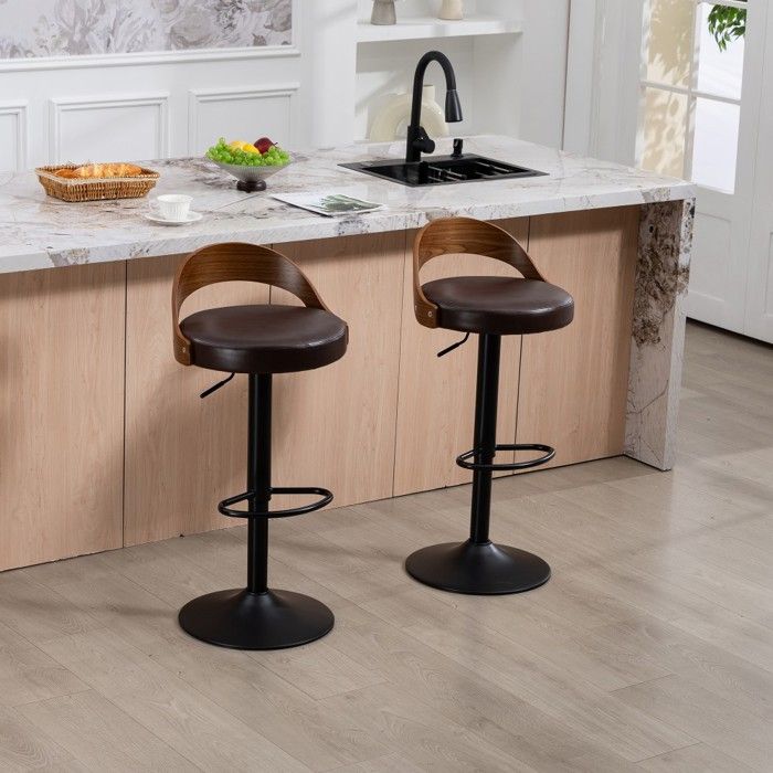 Tabourets de bar lot 2 pivotants 360° hauteur réglable dossier noyer assise similicuir marron cuisine bar restaurant 42.5x42x77cm